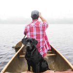 A black Labrador retriever is sitting upright in a canoe and a person wearing a red plaid shirt is paddling at the front