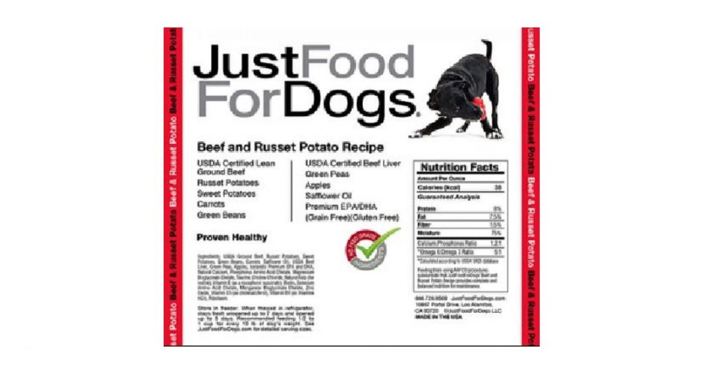 JustFoodForDogs Beef and Russet Potato Recipe label