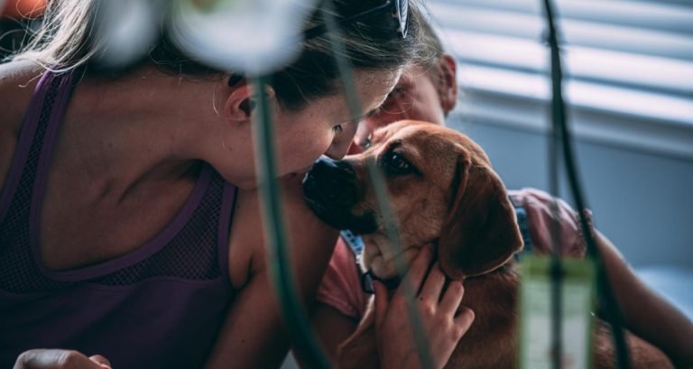 A woman is kissing a dog on the nose while it is being held by a young girl