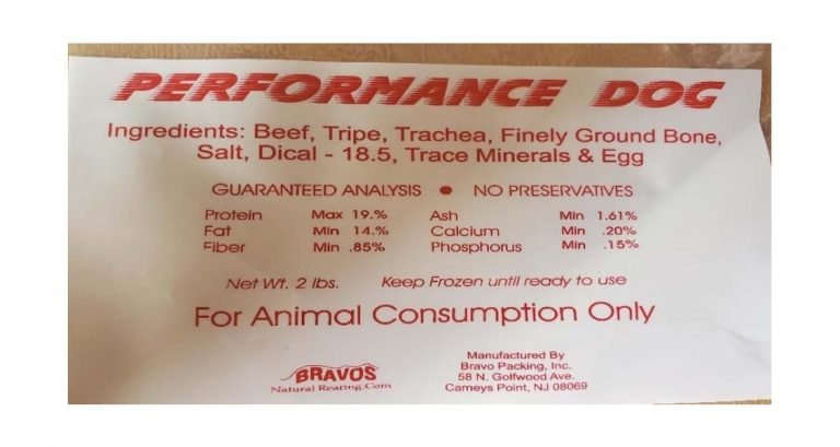 Bravo Packing, Inc. Performance Dog frozen raw dog food label with ingredients list