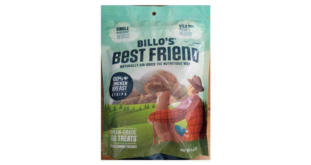 Billo’s Best Friend Chicken Breast Strips Dog Treat 4 oz bag front label