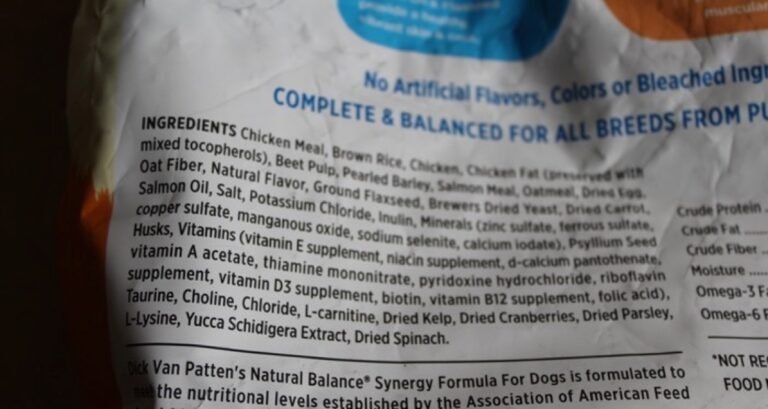 Ingredients list on the back label of a pet product