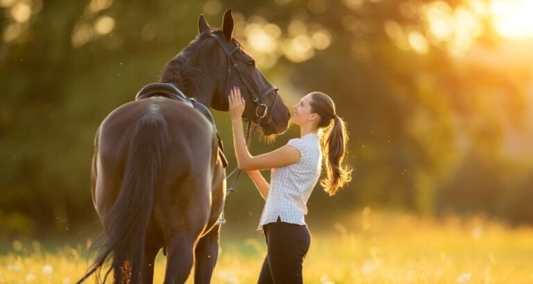 A woman is stroking a horse with a dark brown coat color outside