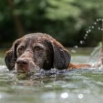 A chocolate Labrador is swimming in a lake