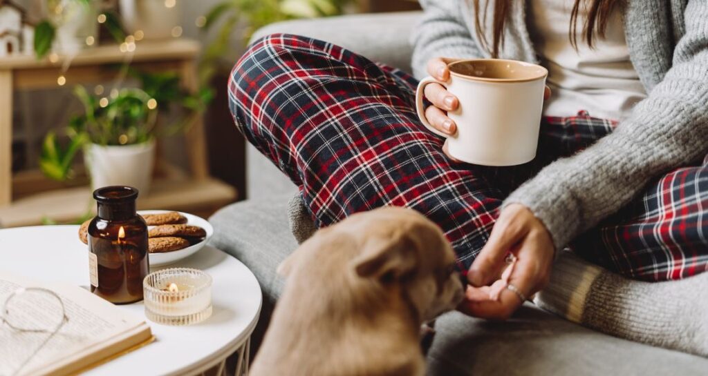 A dog is sitting next to two lit candles while being stroked by a person's hand