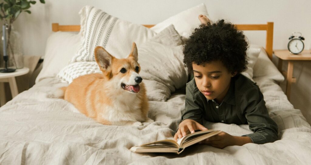 A child is reading to a dog in bed