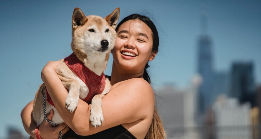 A woman is holding a dog wearing a harness outside