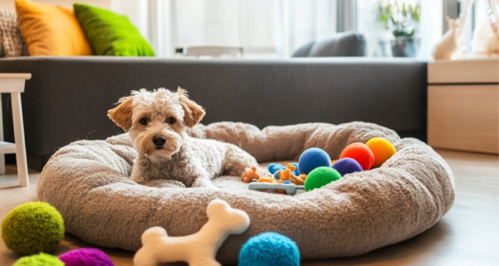 A puppy is lying in a dog bed with toys