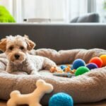 A puppy is lying in a dog bed with toys
