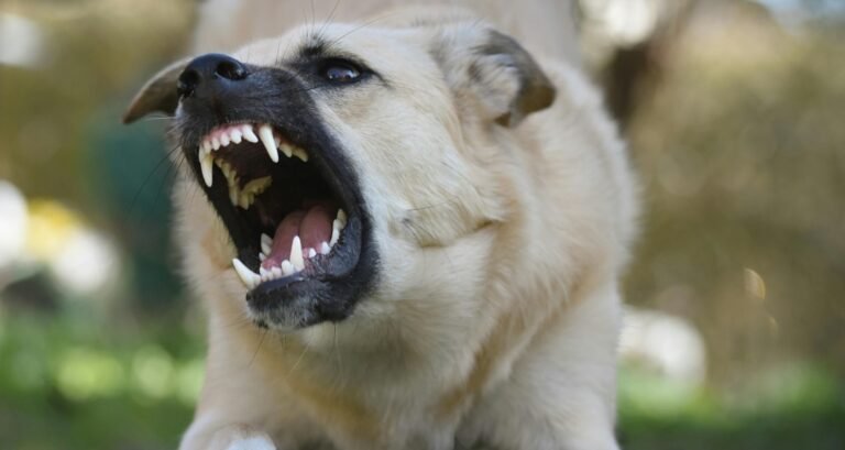 A dog has its mouth open showing its teeth
