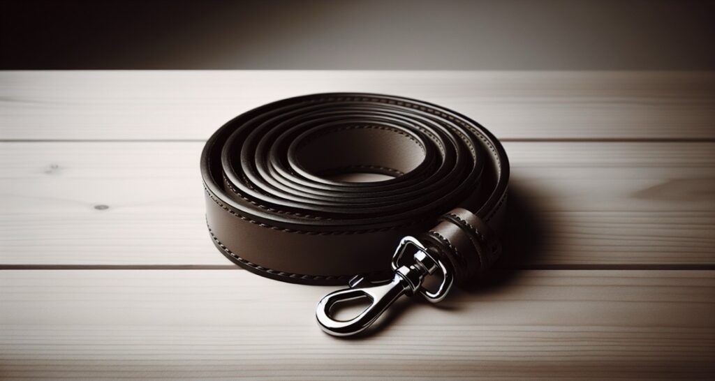 A leash is curled up on a wooden table