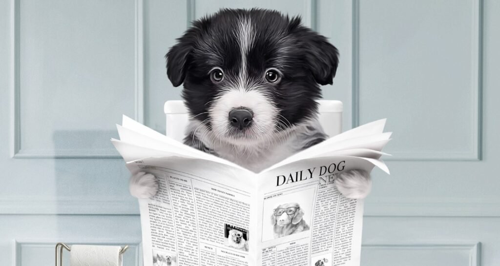 A cartoon of a dog reading a newspaper on the toilet