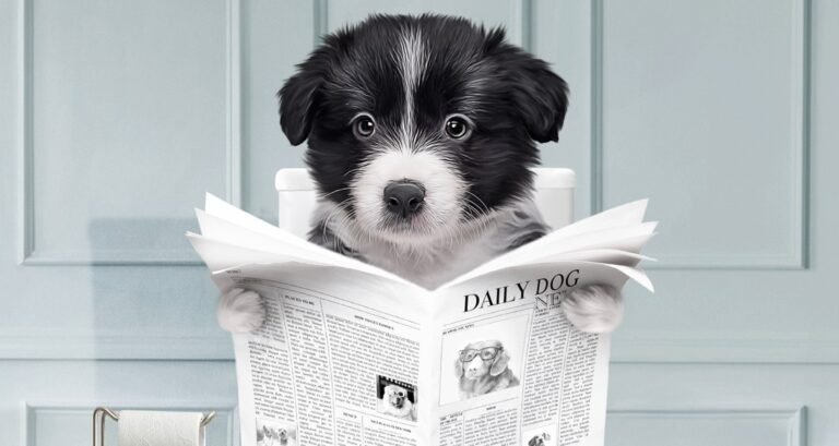 A cartoon of a dog reading a newspaper on the toilet