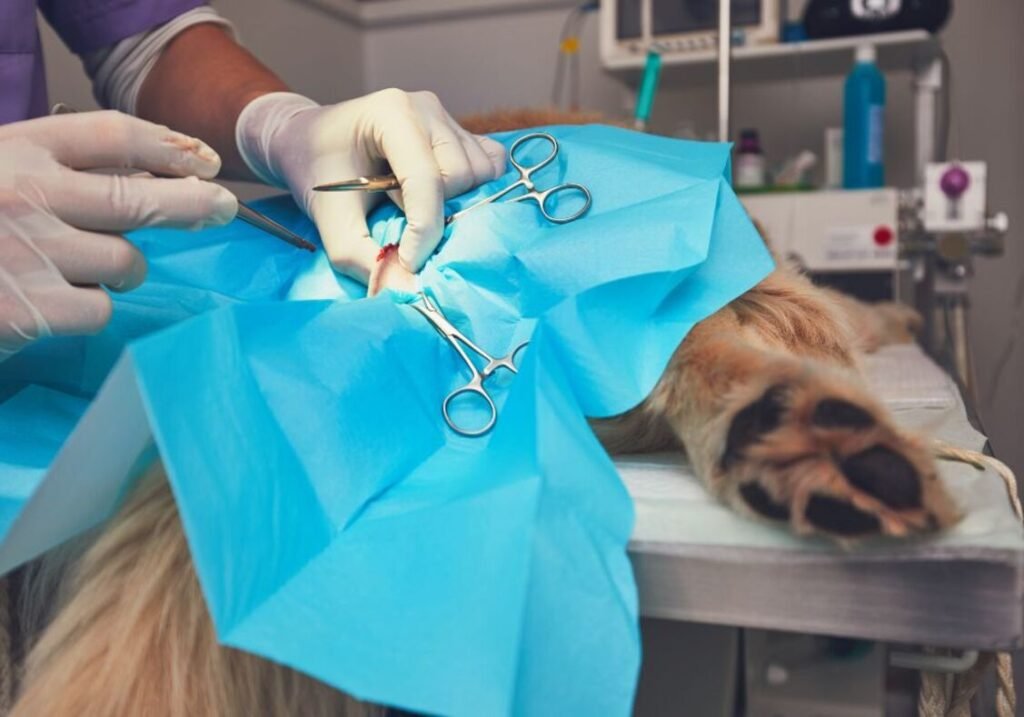 A dog is being operated on during surgery