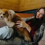 A woman is petting a dog on her lap