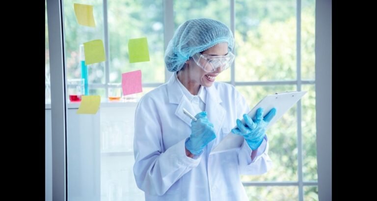 A female scientist is holding a clipboard