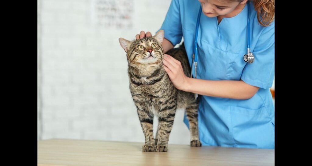 A veterinarian is petting a tabby cat