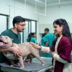 A veterinarian is holding a dog on an exam table with a woman