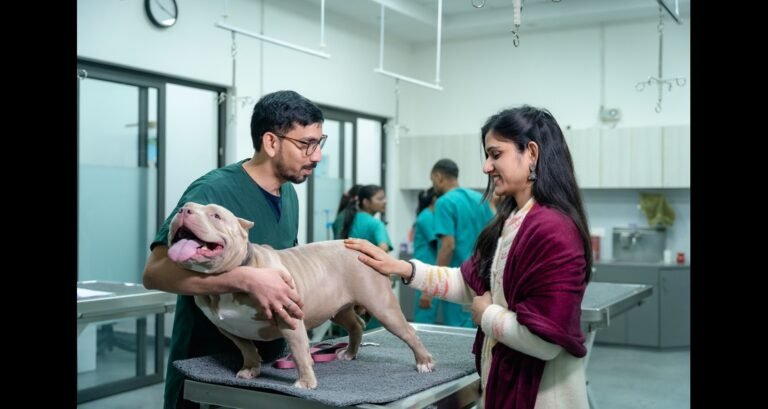 A veterinarian is holding a dog on an exam table with a woman